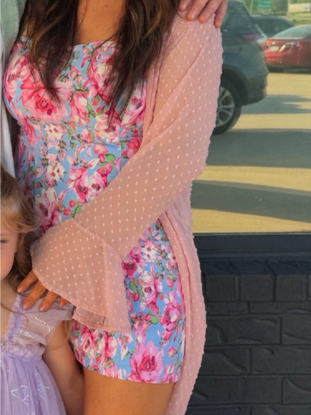Strapless Fitted Dress in Pink and Blue floral